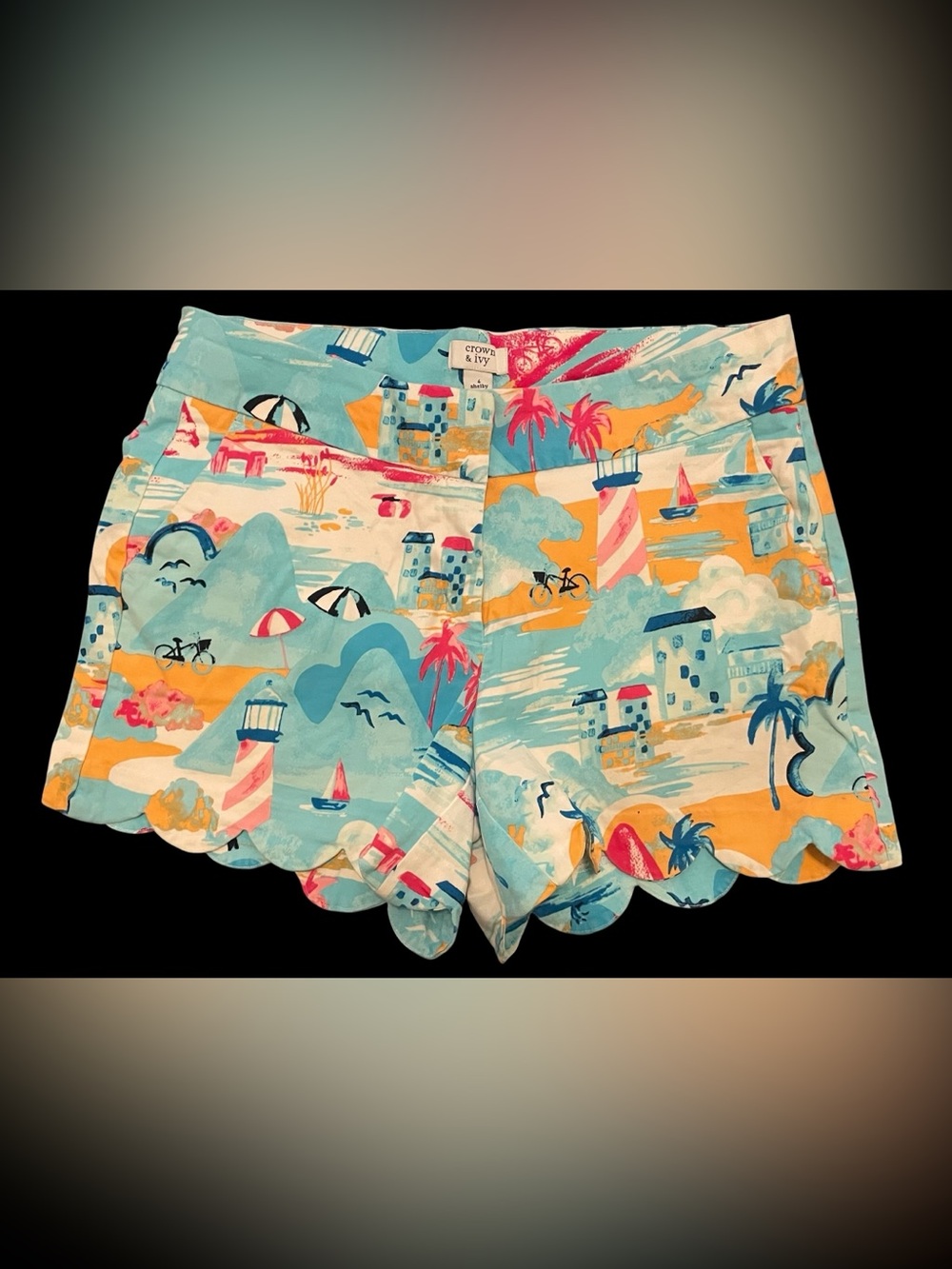 crown & ivy Coastal Motif Scalloped Hem Shorts - Turquoise, Coral & Yellow